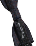 Dolce & gabbana dark blue silk bow tie with red and gray geometric pattern and made in italy label