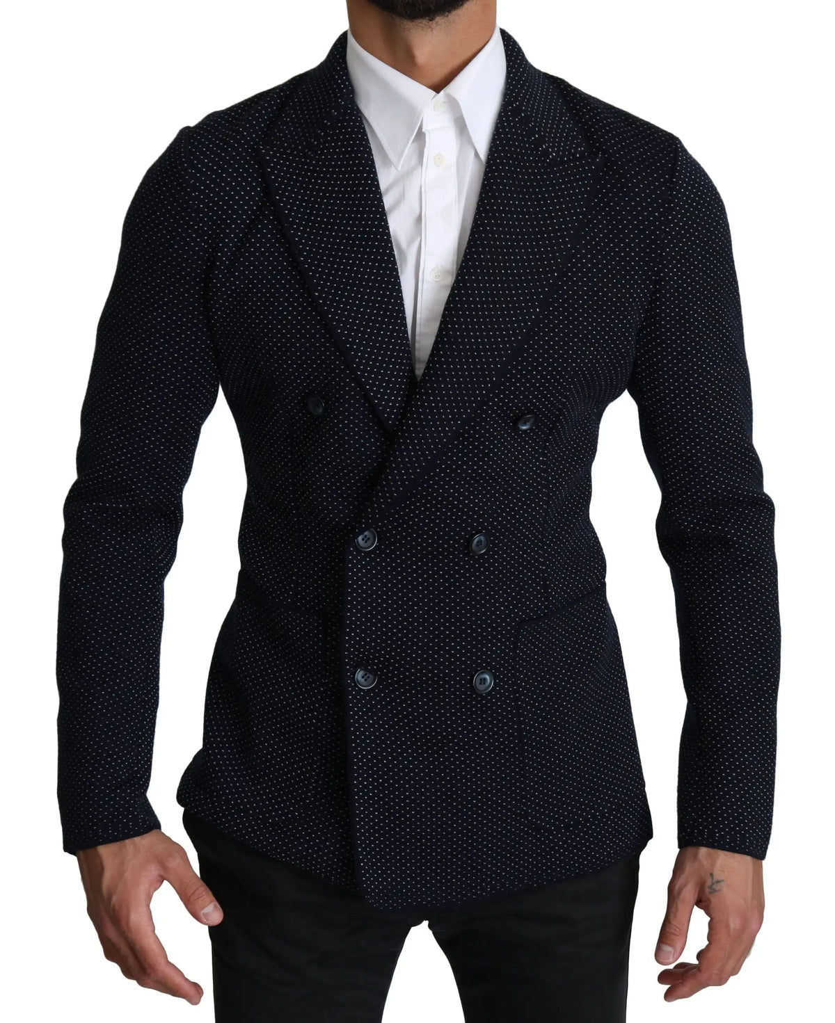 Veste blazer noire à double boutonnage avec motif subtil à pois blancs dolce & gabbana bleu foncé