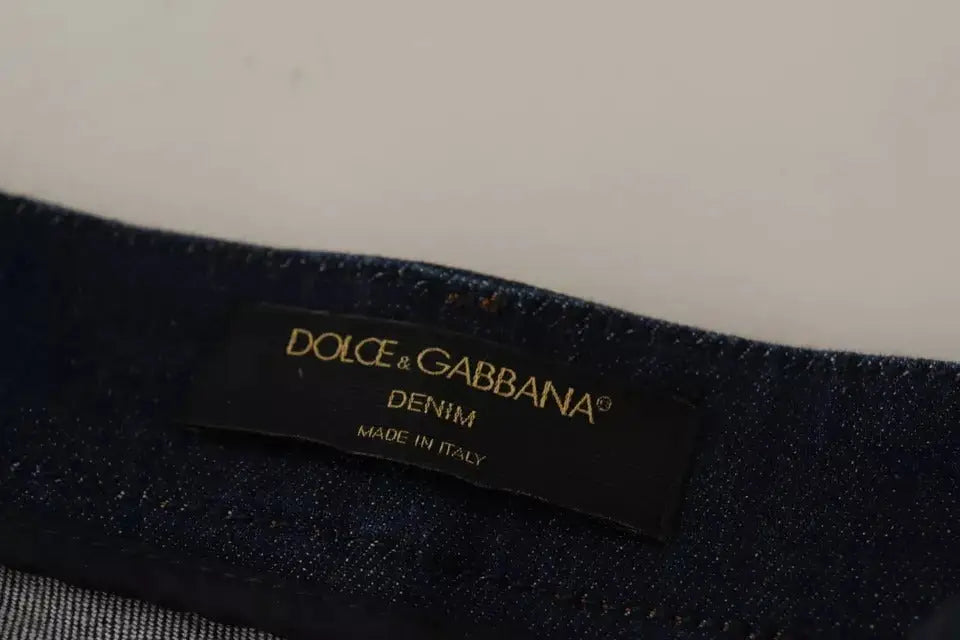Short en denim bleu foncé embellis avec étiquette noire dolce & gabbana couture italienne