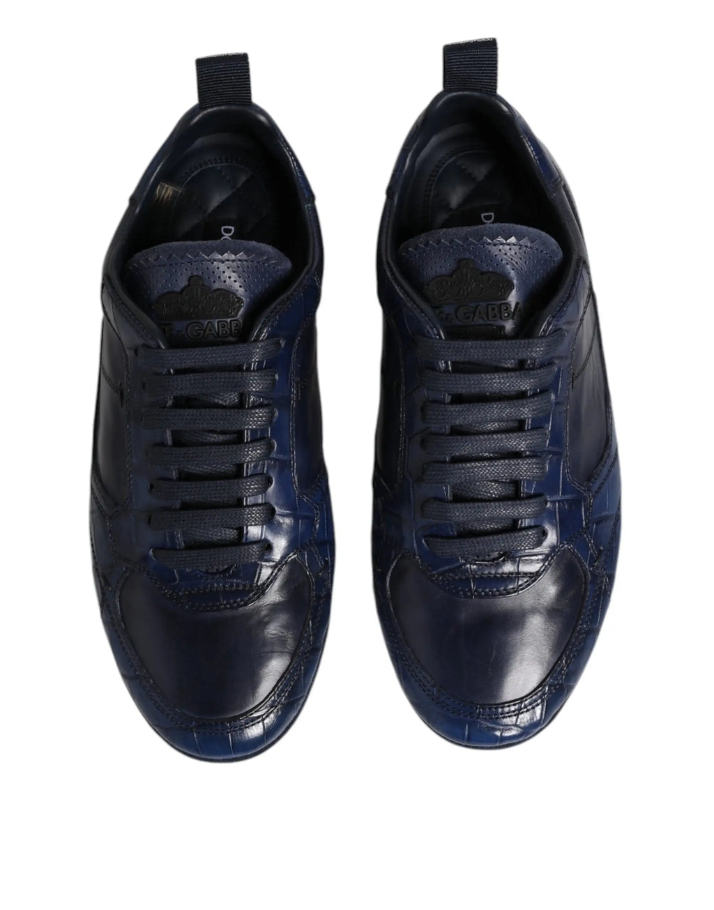 Chaussures sneakers basses homme en cuir bleu marine avec texture crocodile et lacets noirs de Dolce & Gabbana