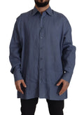 Chemise slim fit en lin bleu foncé dolce & gabbana pour homme à manches longues avec col classique et boutons assortis
