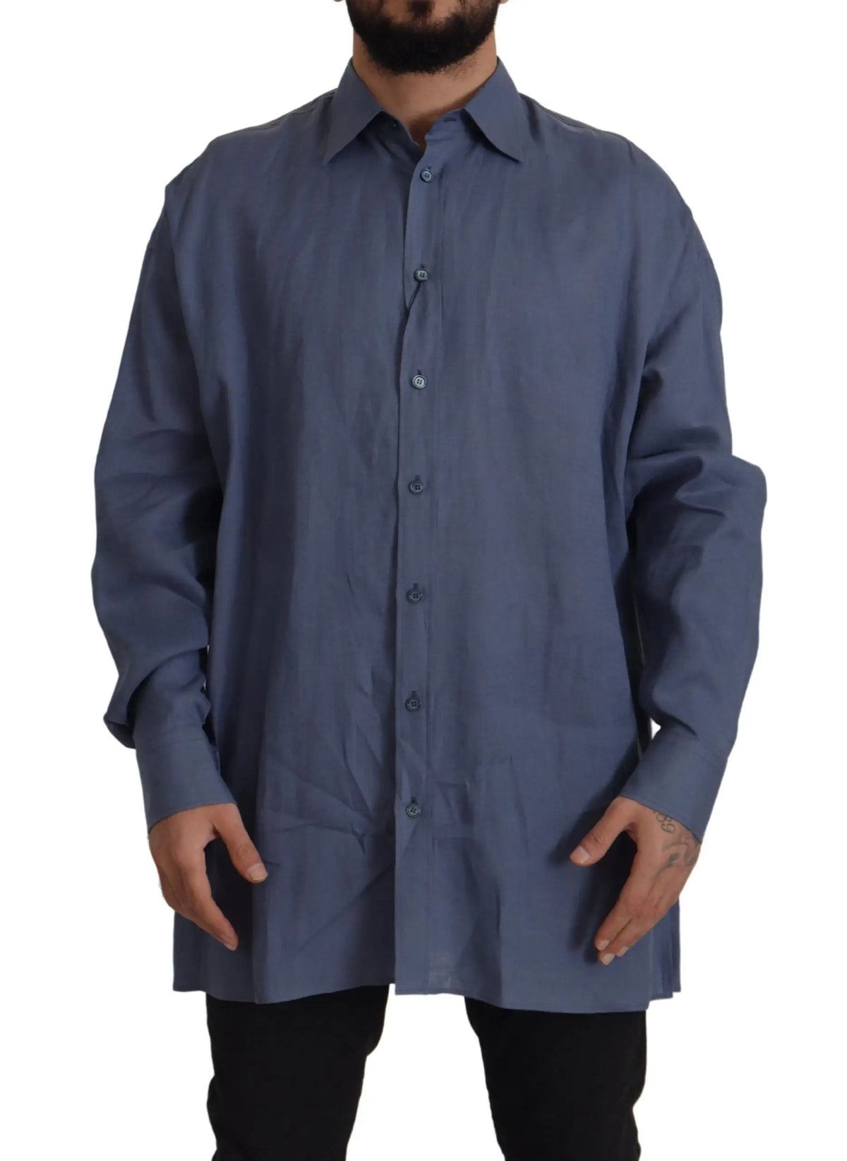 Chemise slim fit en lin bleu foncé dolce & gabbana pour homme à manches longues avec col classique et boutons assortis