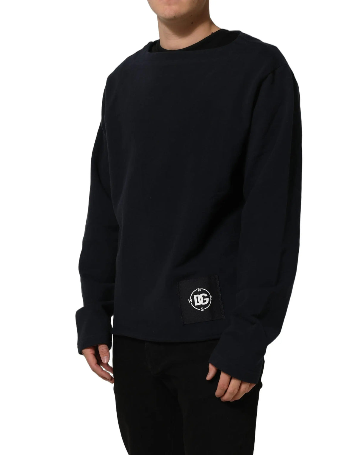 Sweatshirt dolce et gabbana bleu foncé en coton avec logo blanc circulaire sur la manche longue noire