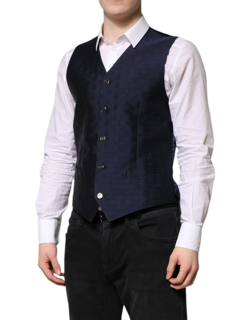 Dolce & gabbana navy blue textured wool vest with five buttons and subtle pattern for formal wear