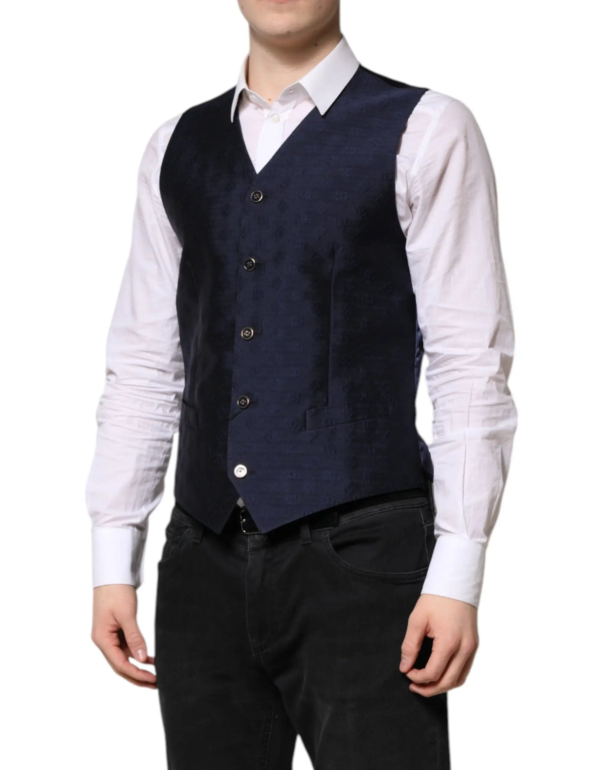 Dolce & gabbana navy blue textured wool vest with five buttons and subtle pattern for formal wear