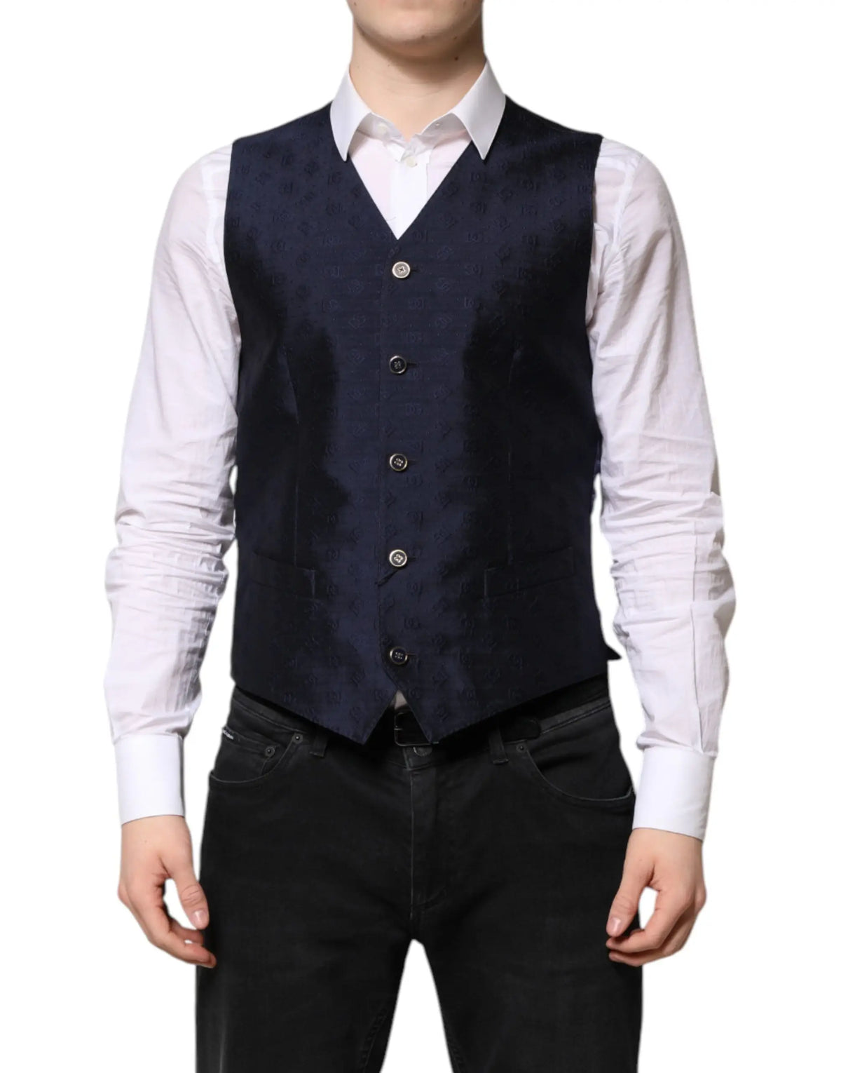 Lacoste gilet en laine bleu marine texturé avec cinq boutons argentés et deux poches avant pour homme formel