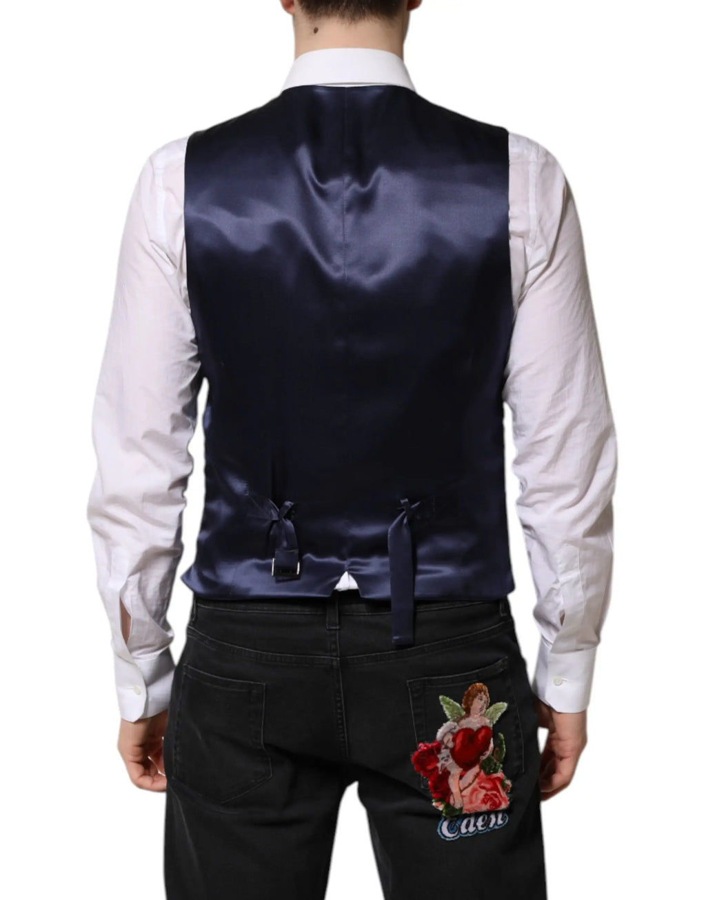 Dark blue wool formal men waistcoat vest by dolce & gabbana with navy satin back embroidered angel and rose patch