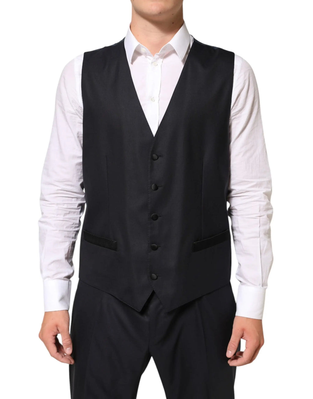 Gilet noir tailleur avec cinq boutons noirs et revers crantés dans le costume trois pièces dolce & gabbana martini bleu foncé