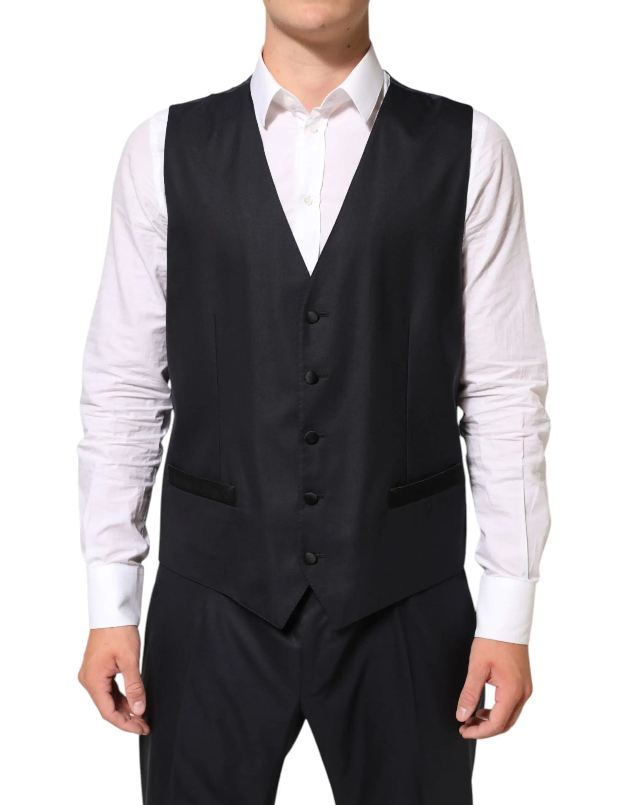Gilet noir tailleur avec cinq boutons noirs et revers crantés dans le costume trois pièces dolce & gabbana martini bleu foncé