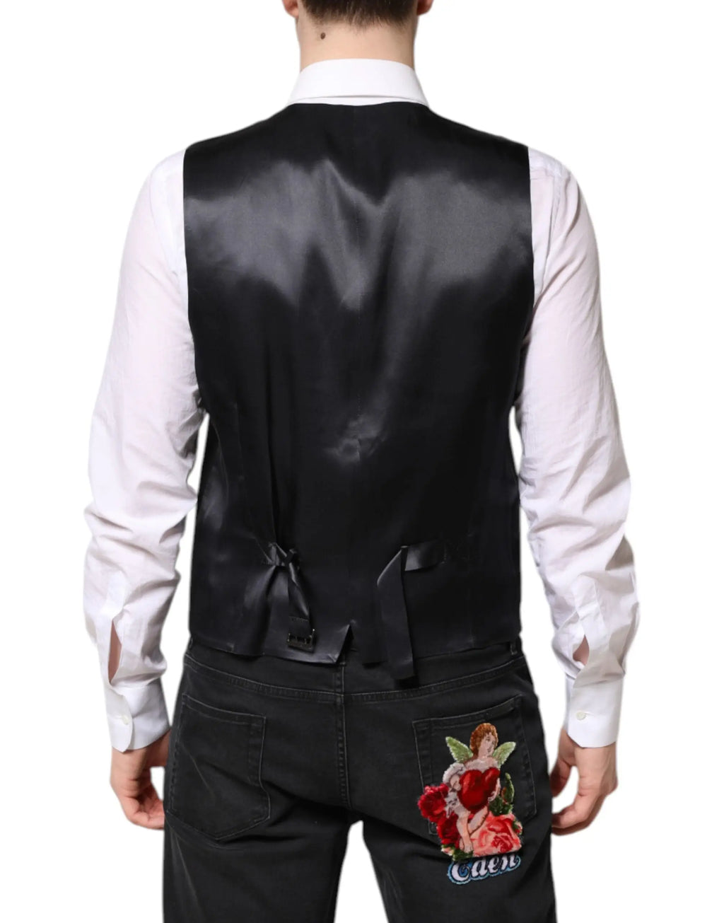 Dolce & gabbana dark blue martini costume en laine 2 pièces avec gilet en satin noir brillant à nouer au dos vue arrière