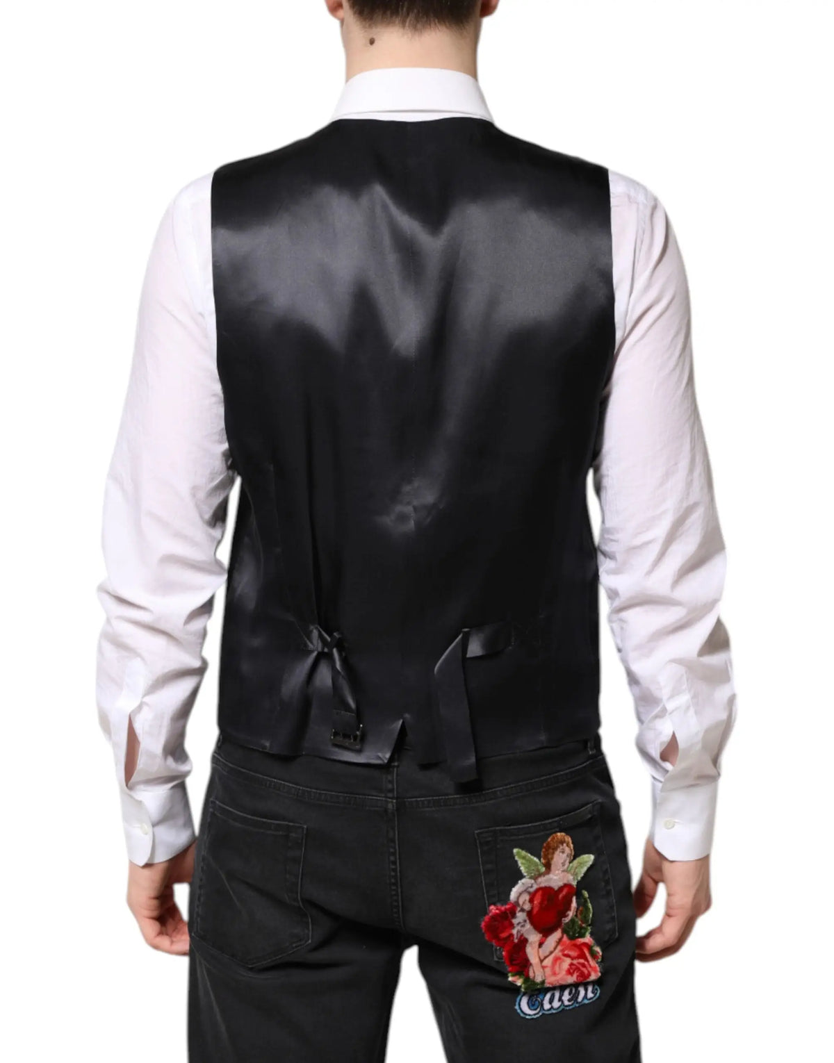 Dolce & gabbana dark blue martini costume en laine 2 pièces avec gilet en satin noir brillant à nouer au dos vue arrière
