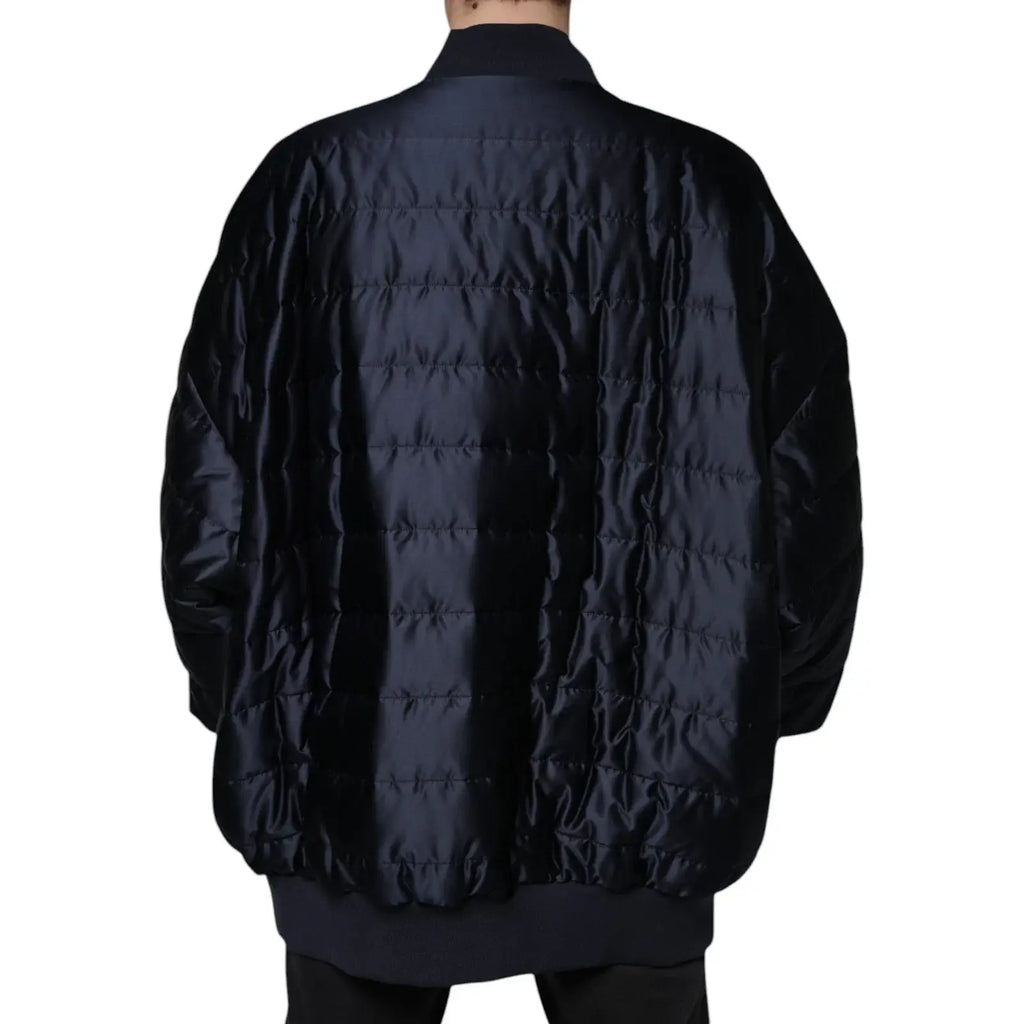 Dolce & gabbana bomber jacket bleu foncé matelassé avec fermeture éclair intégrale en satin avec couture horizontale