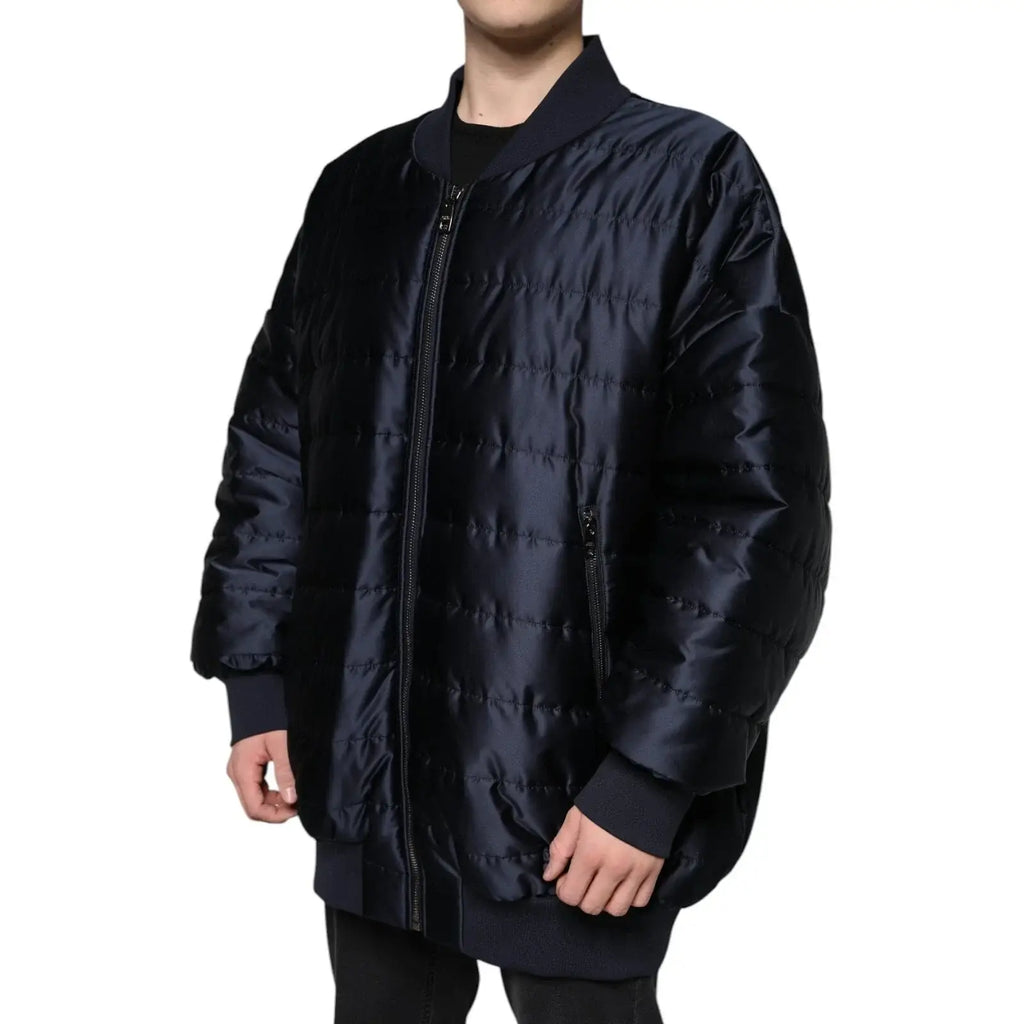 Veste bomber matelassée bleu marine dolce & gabbana en satin avec fermeture éclair complète et poignets côtelés