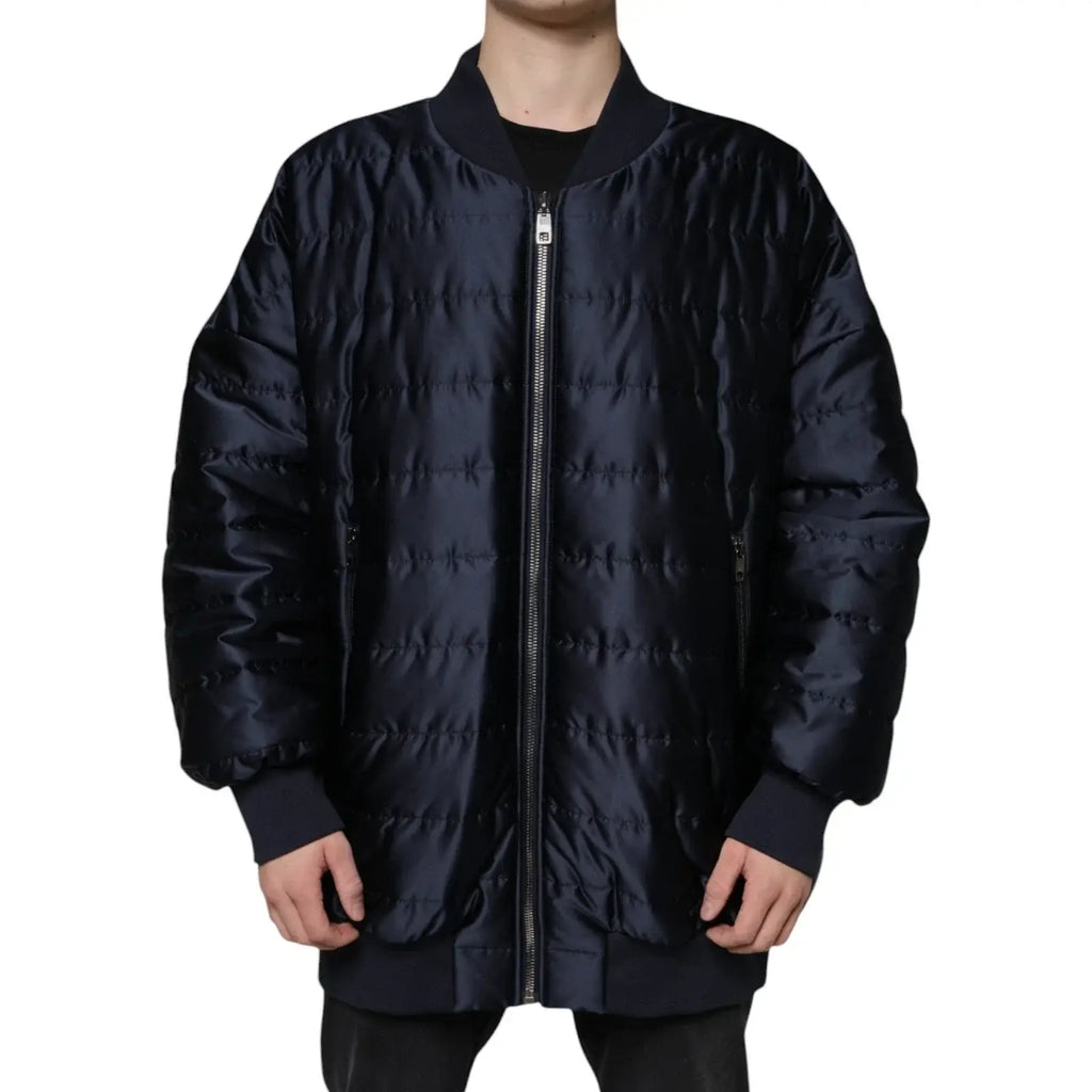 Veste bomber matelassée bleu marine dolce gabbana avec finition satinée brillante et poignets et col côtelés noirs