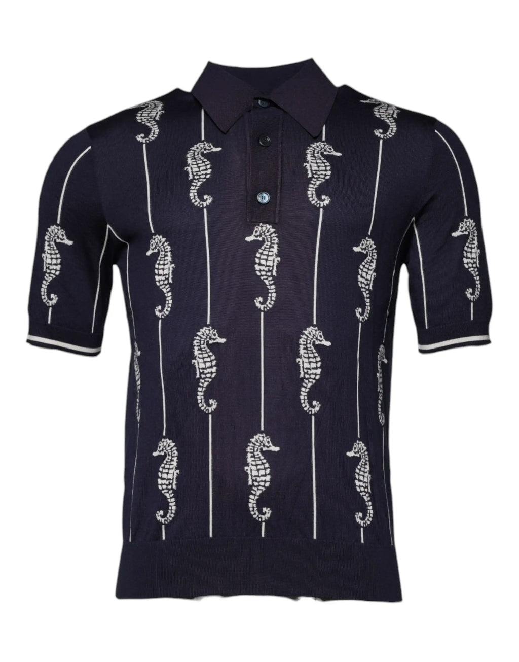 Dolce & gabbana polo bleu marine à manches courtes avec motifs hippocampe blancs et rayures verticales