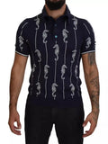 Polo dolce & gabbana bleu marine avec motif hippocampe blanc et accents rayés en coton pour homme