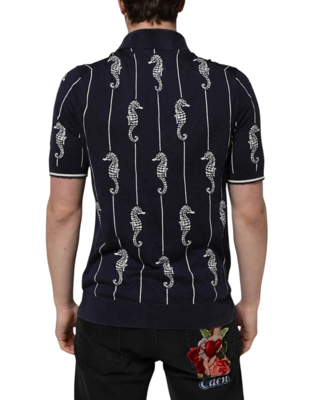 Polo dolce & gabbana bleu marine avec broderie blanche dhippocampe et rayures verticales en coton