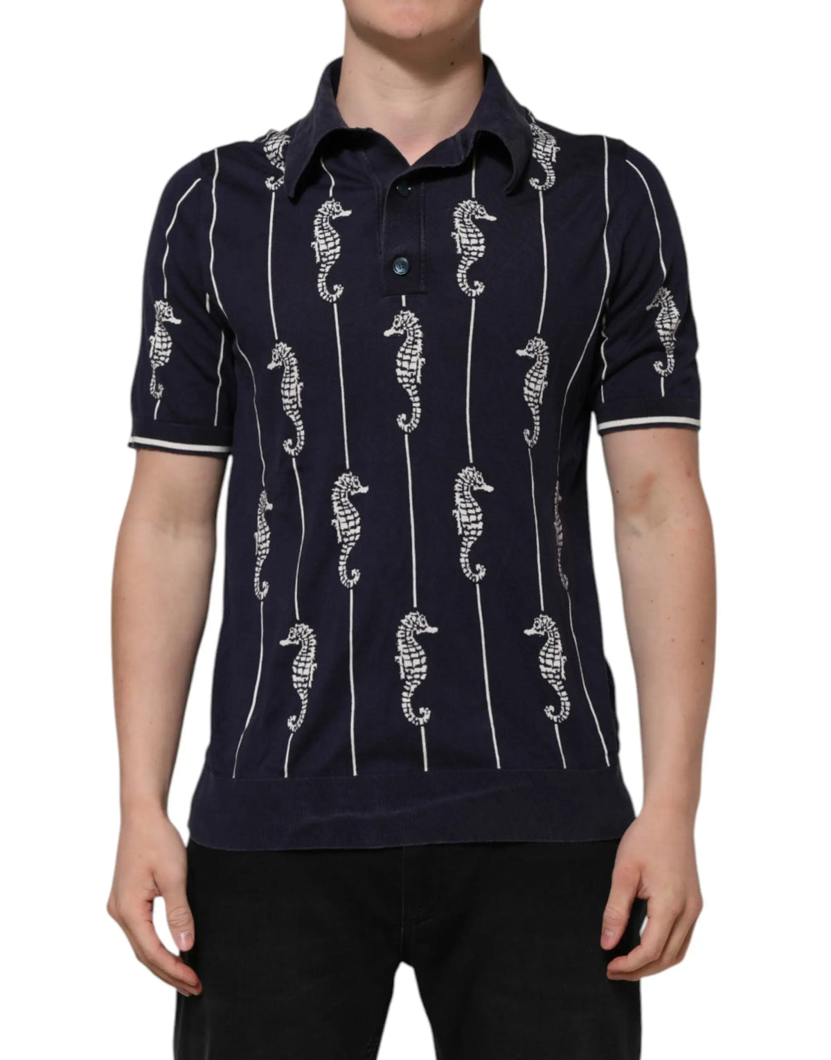 Dolce & gabbana polo bleu marine à col avec motif hippocampe blanc et rayures verticales