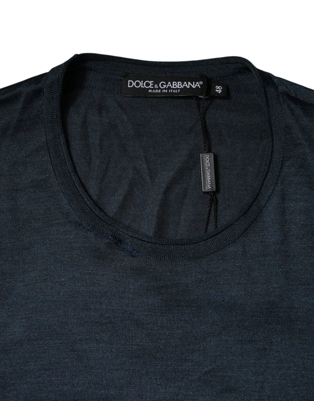 T-shirt dolce & gabbana bleu foncé en soie avec texture chinée subtile et col rond côtelé manches courtes