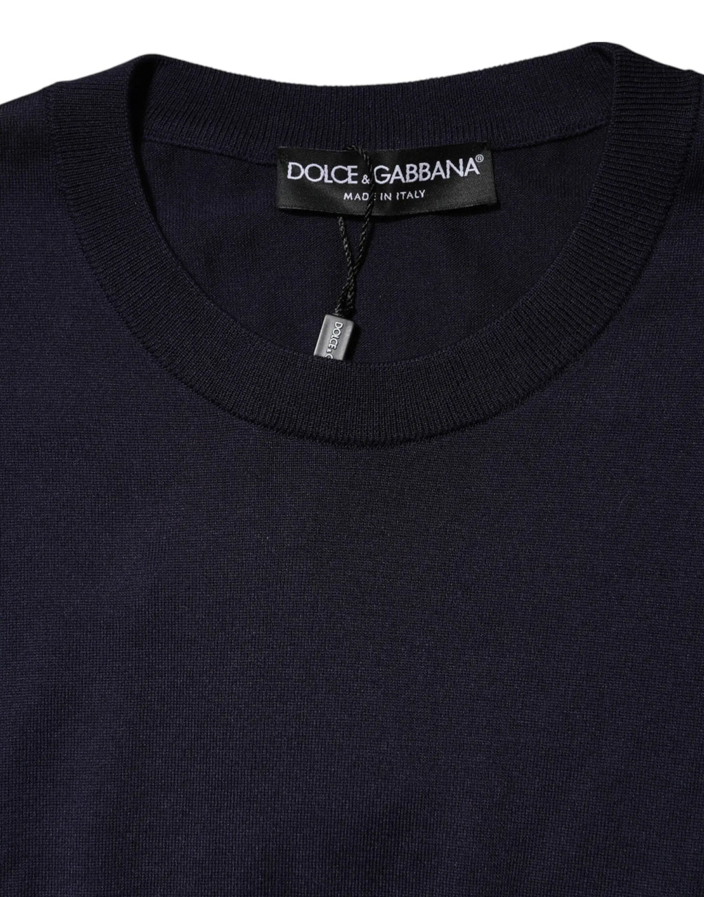 Pull dolce & gabbana bleu marine en soie à col rond manches courtes fabriqué en italie