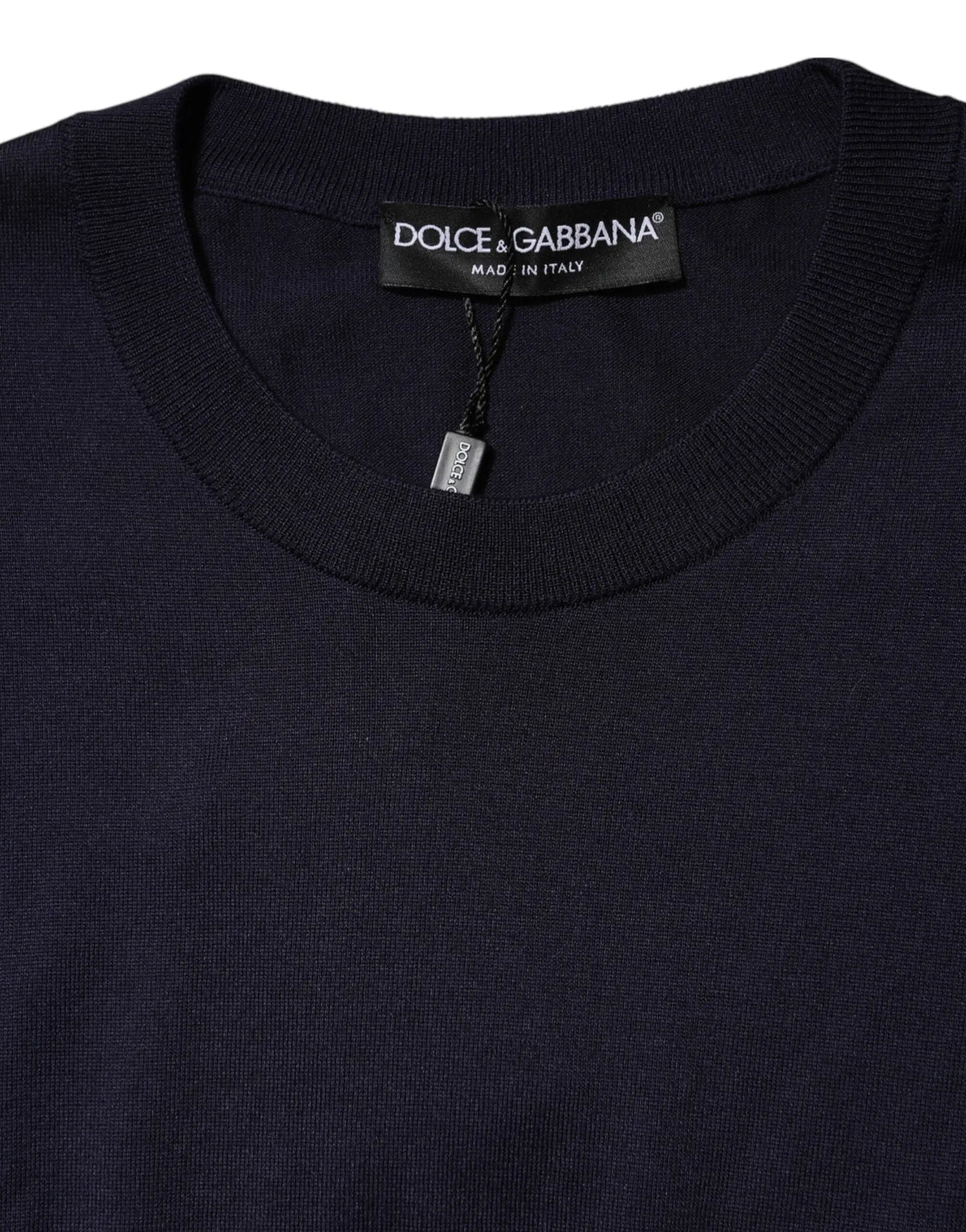 Pull dolce & gabbana bleu marine en soie à col rond manches courtes fabriqué en italie