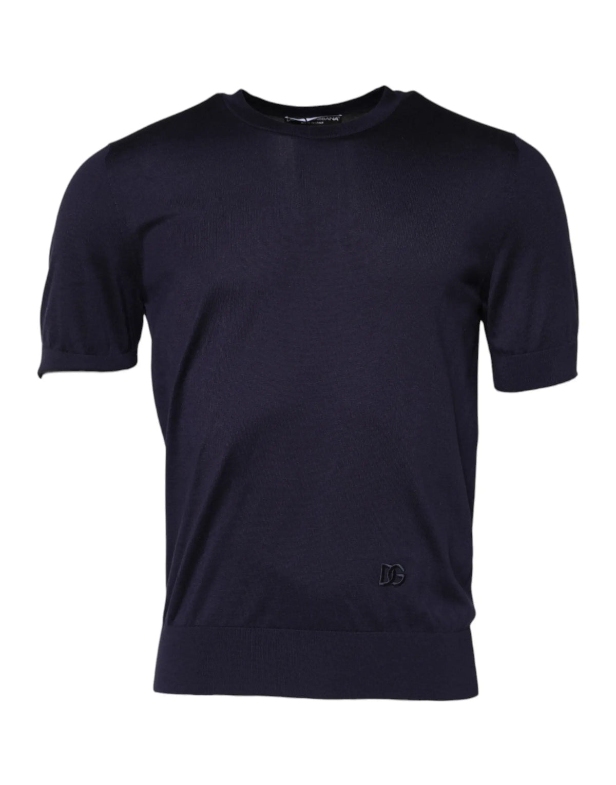 Dolce & gabbana t-shirt bleu marine en soie à manches courtes avec logo brodé subtil sur le bas gauche