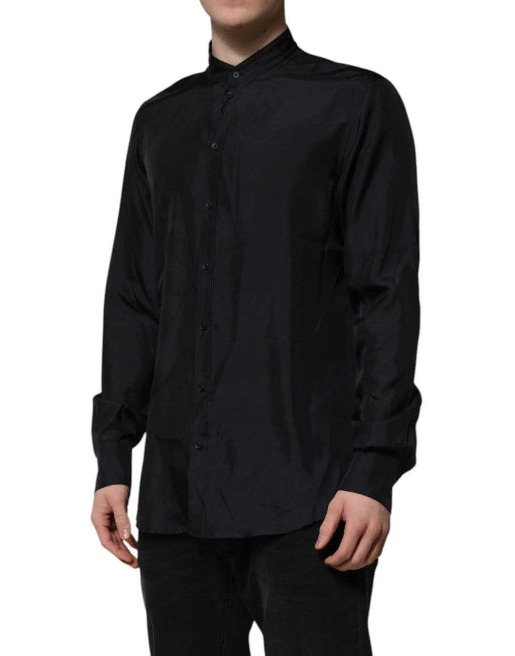 Chemise homme formelle dolce & gabbana en soie bleu foncé avec col mao et boutons satin noir
