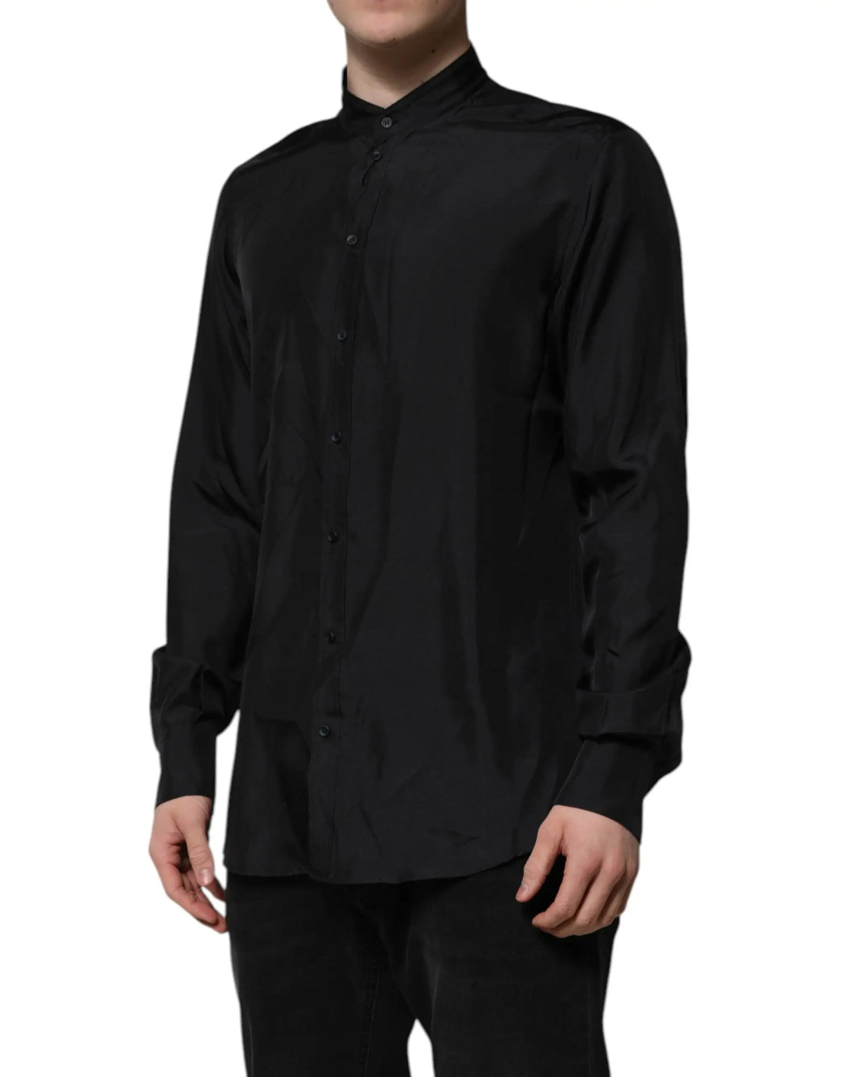 Chemise homme formelle dolce & gabbana en soie bleu foncé avec col mao et boutons satin noir