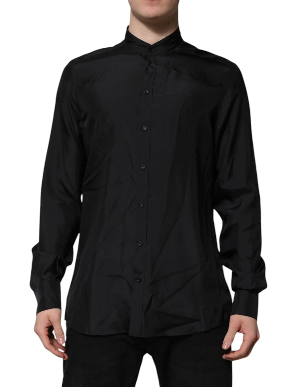 Chemise homme formelle dolce & gabbana bleu marine en soie à col mao avec boutons et léger éclat