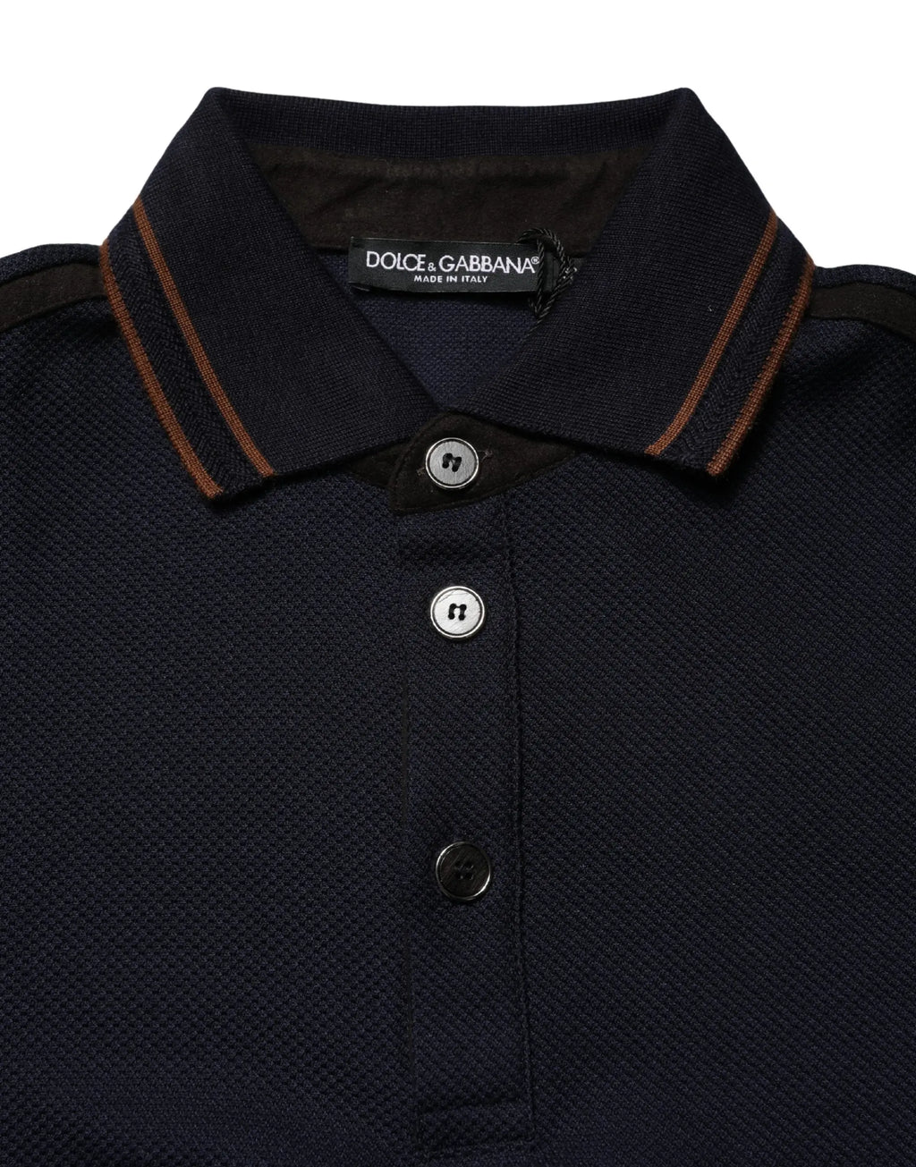 Polo dolce & gabbana homme bleu marine en soie piqué avec col et manches marron contrastés manches courtes