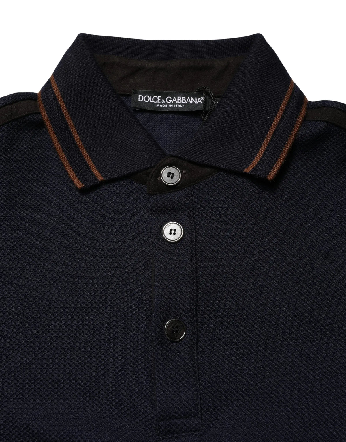 Polo dolce & gabbana homme bleu marine en soie piqué avec col et manches marron contrastés manches courtes