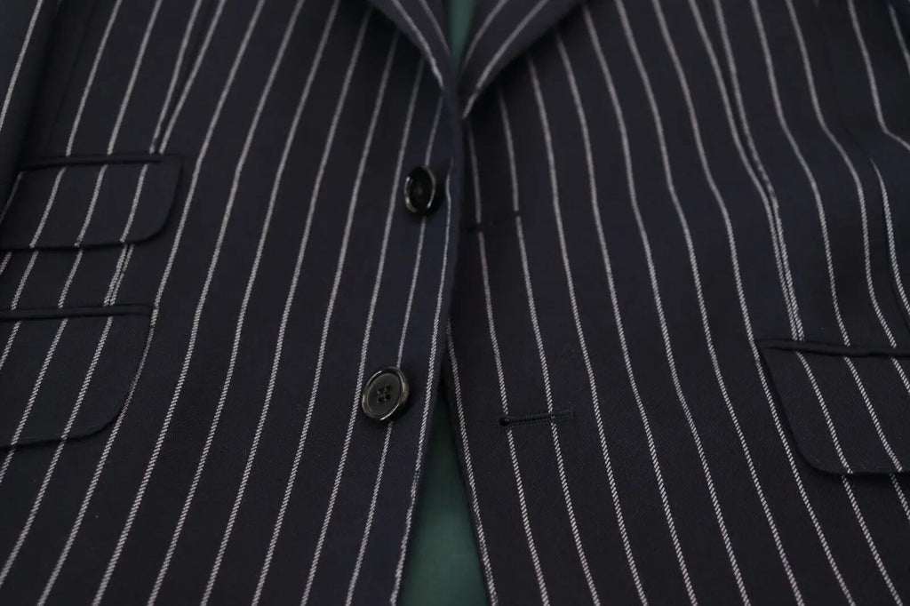 Veste de costume dolce gabbana bleu marine à fines rayures blanches en laine avec boutons noirs simple boutonnage