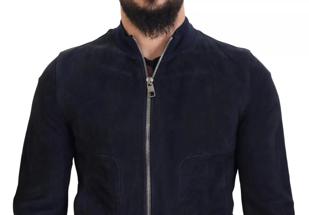 Dolce & gabbana blouson jacket en daim bleu marine avec fermeture éclair argentée et deux poches avant