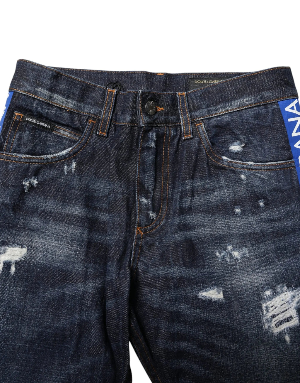 Jean slim déchiré dolce & gabbana bleu foncé en denim avec rayures verticales bleues et effet délavé