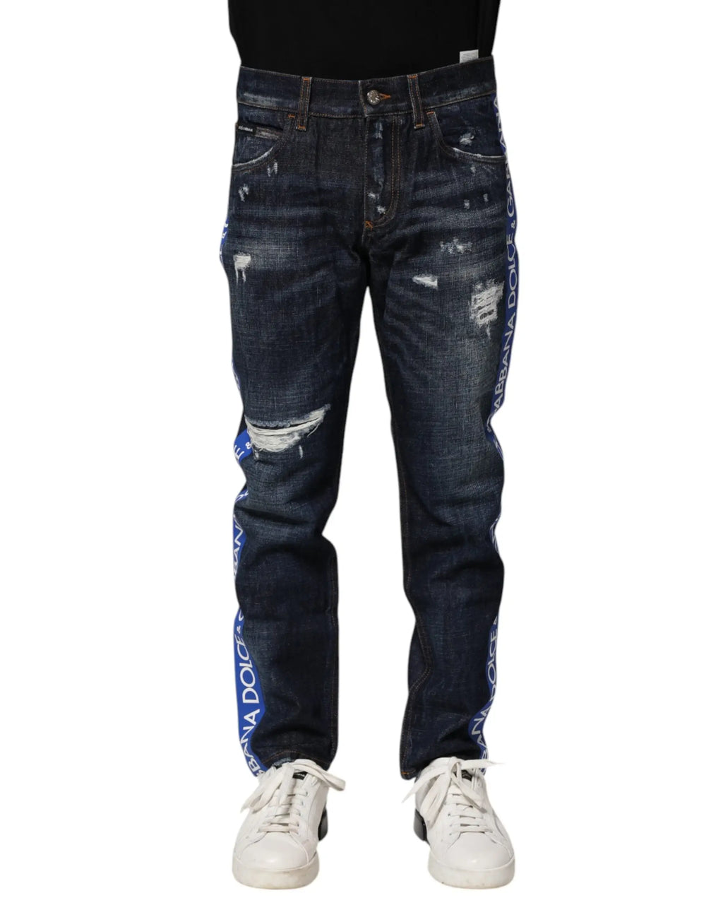 Jean skinny en denim bleu foncé déchiré avec bande logo dolce & gabbana bleu clair sur la jambe extérieure
