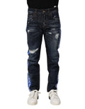 Jean skinny en denim bleu foncé déchiré avec bande logo dolce & gabbana bleu clair sur la jambe extérieure
