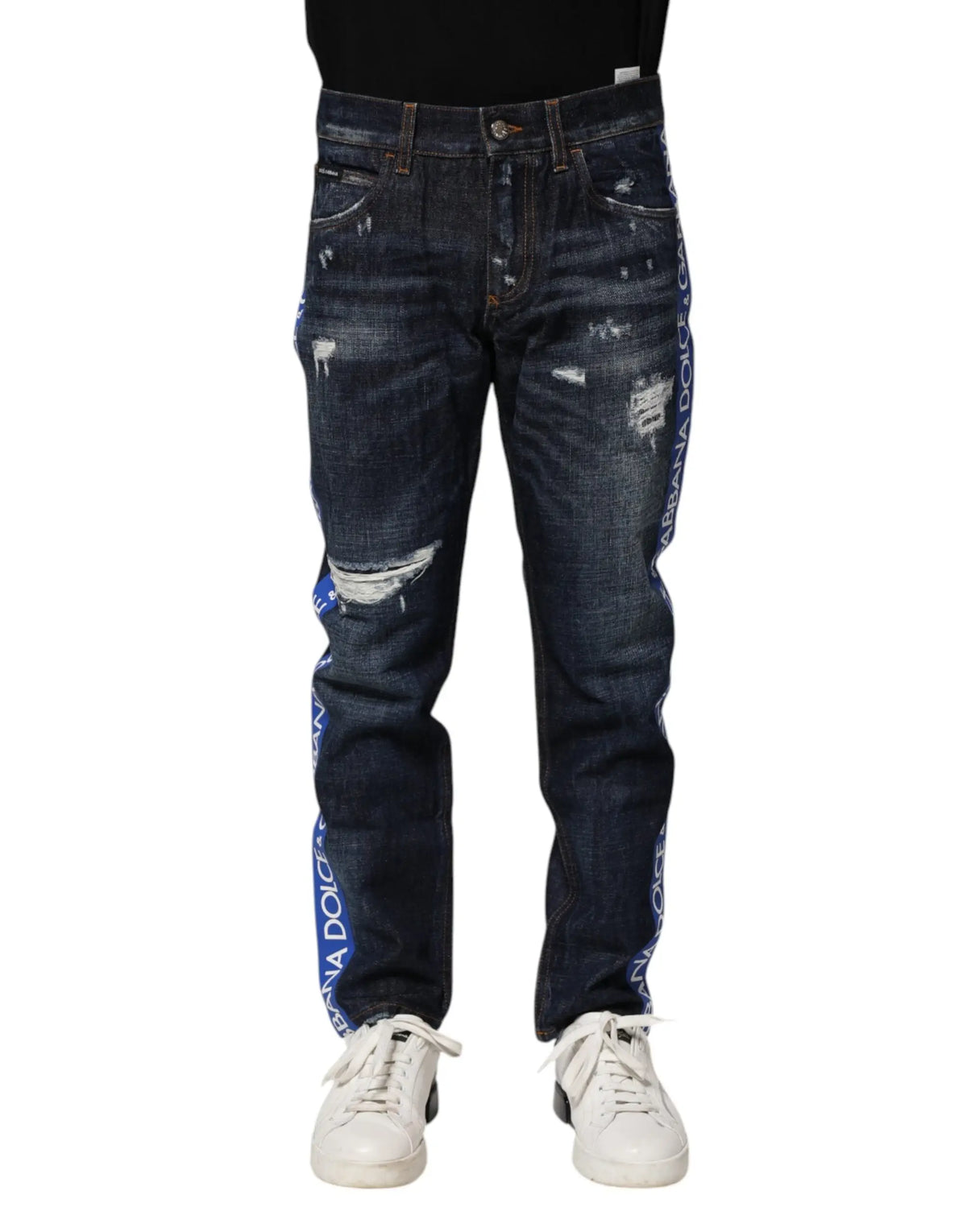 Jean skinny en denim bleu foncé déchiré avec bande logo dolce & gabbana bleu clair sur la jambe extérieure