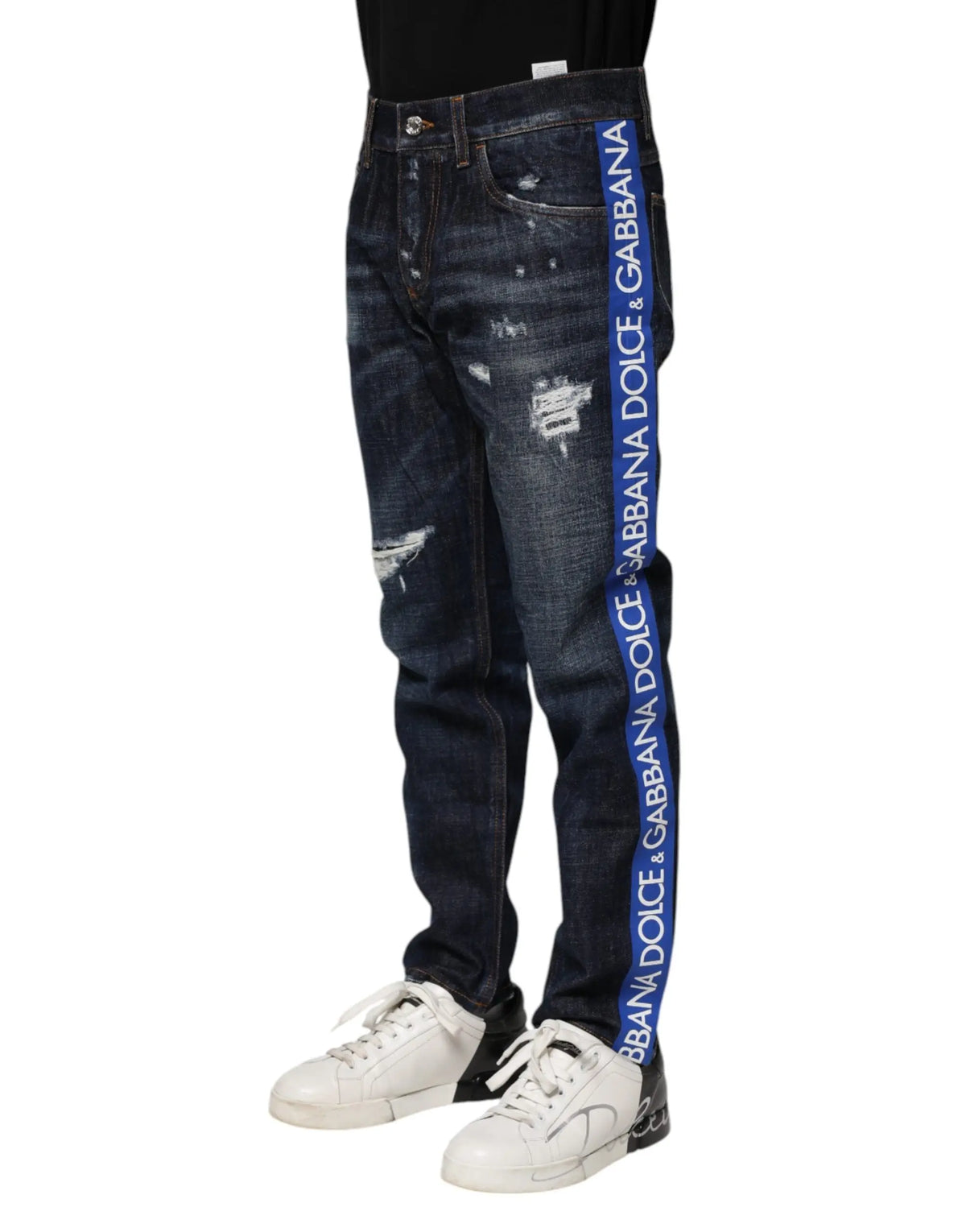 Jean skinny en denim bleu foncé dolce & gabbana avec une bande verticale bleue et un logo répétitif sur la jambe extérieure