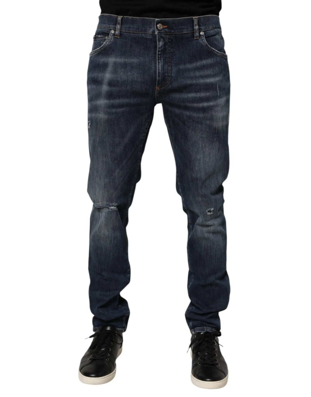 Jean slim fit en denim bleu foncé délavé avec détails déchirés dolce gabbana pour un style casual