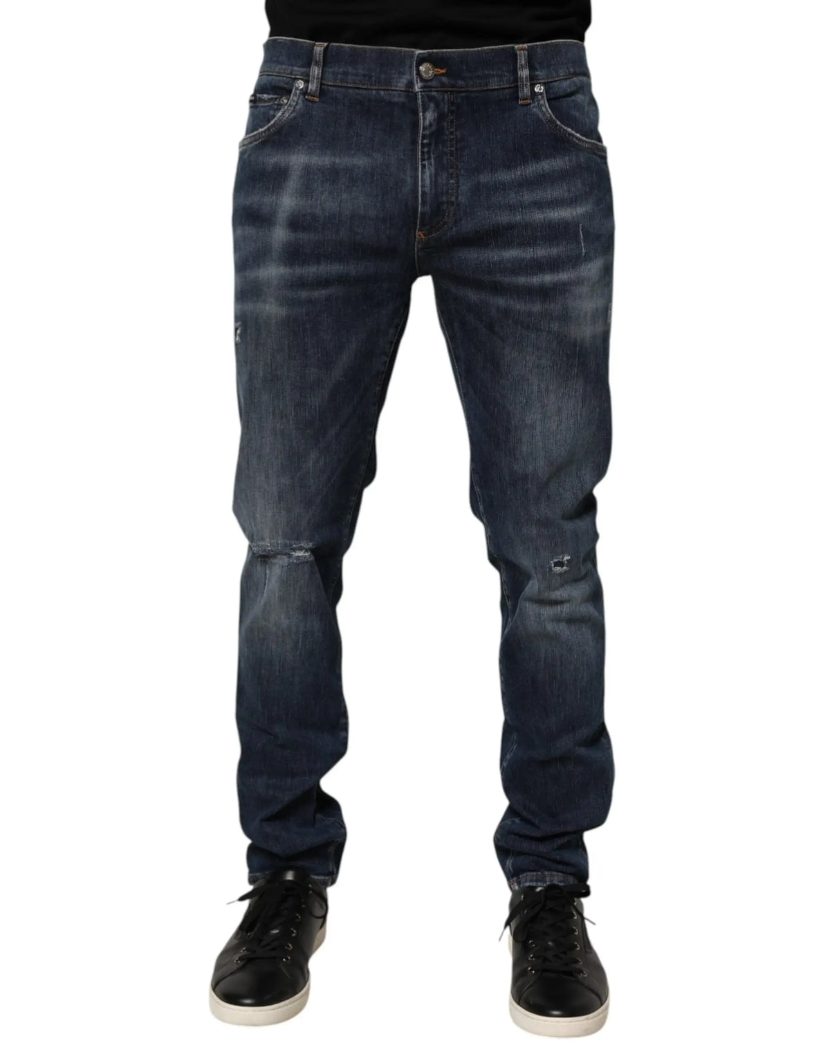 Jean slim fit en denim bleu foncé délavé avec détails déchirés dolce gabbana pour un style casual