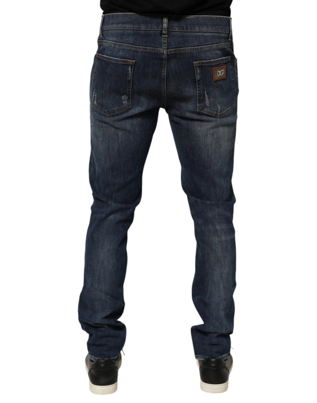 Jeans en denim slim fit bleu foncé avec délavage et déchirures dolce gabbana vue arrière
