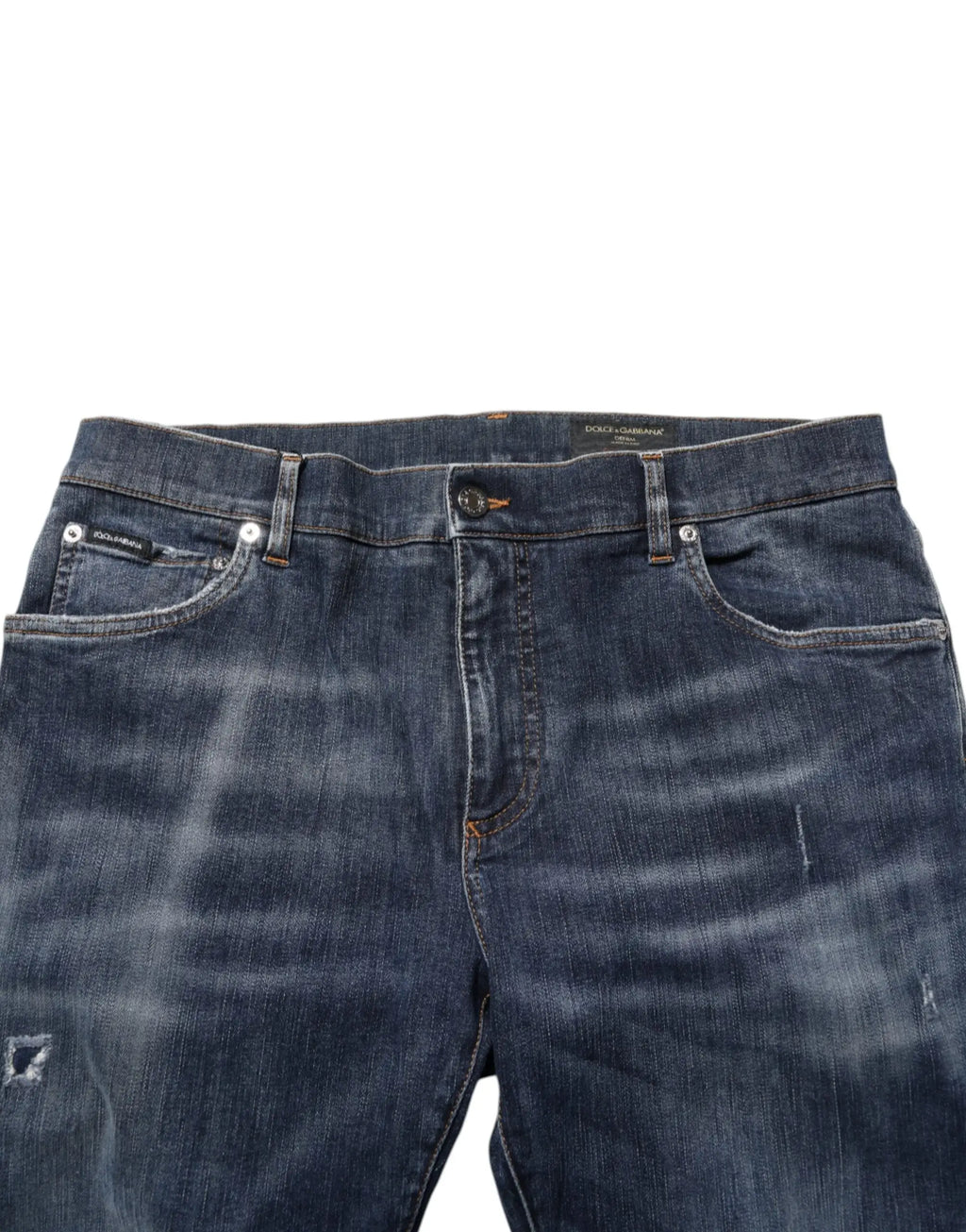 Dolce & Gabbana jean en denim bleu foncé avec effet délavé usé et détails subtils de moustaches