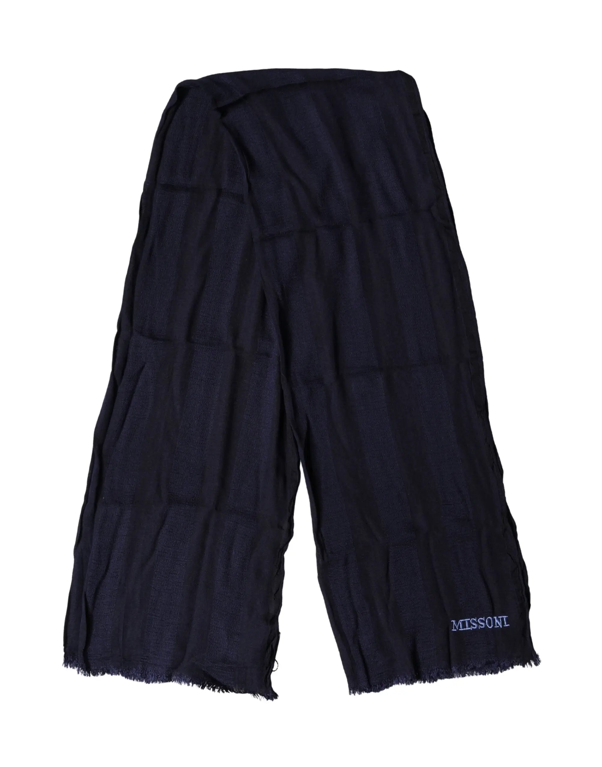 Pantalon missoni noir large cropped avec tissu texturé légèrement froissé et ourlet effiloché avec écharpe dolce gabbana bleu foncé en laine tricotée unisexe
