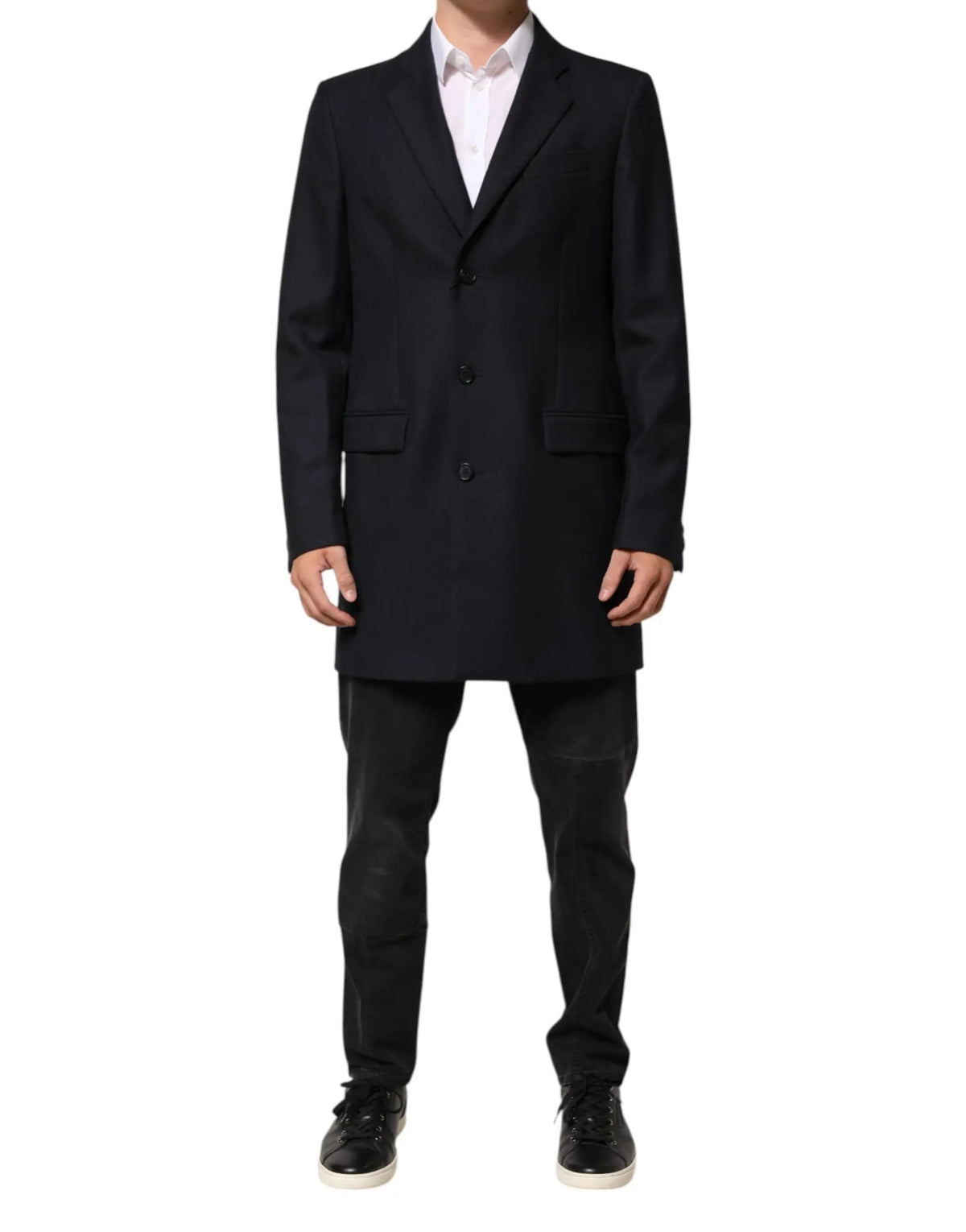 Dolce & gabbana manteau homme en laine bleu foncé avec trois boutons et poches à rabat tailored overcoat noir