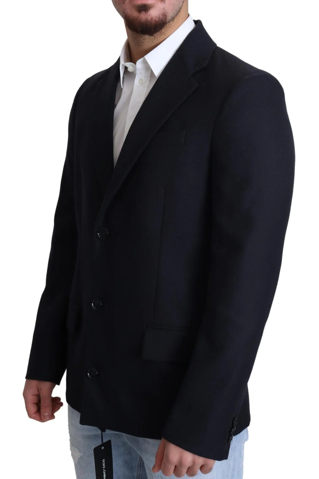 Blazer homme noir double boutonnage avec revers crantés et boutons foncés dans un manteau dolce gabbana bleu marine en laine