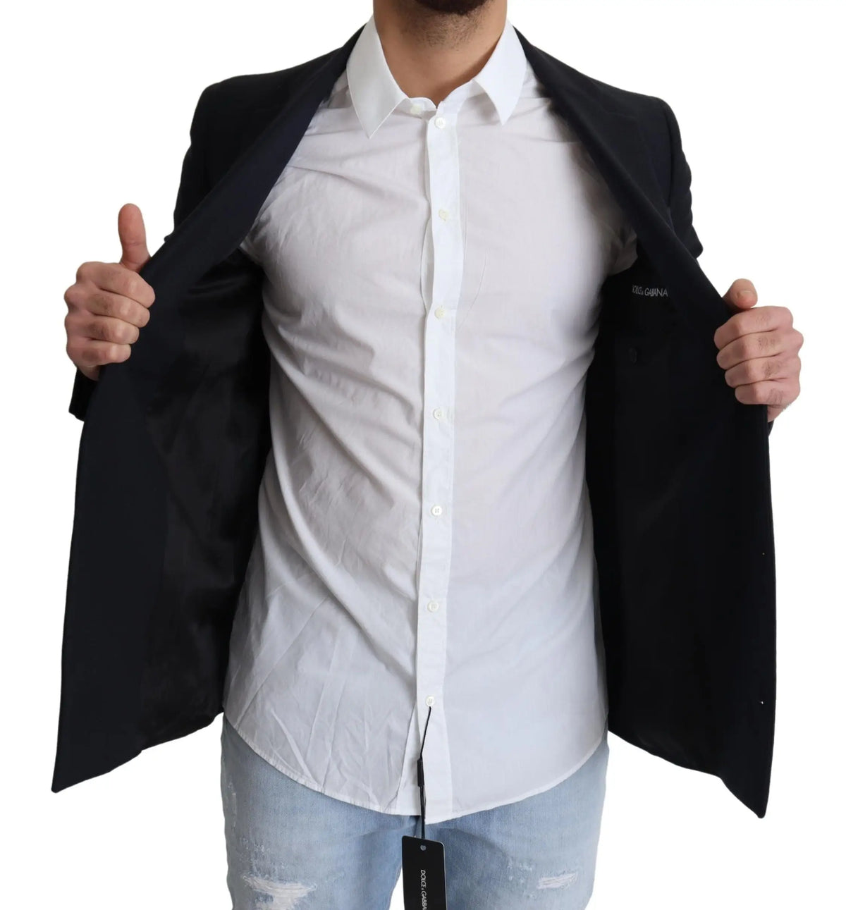 Dolce & gabbana manteau bleu foncé en laine avec coupe ajustée et broderie discrète à l’intérieur