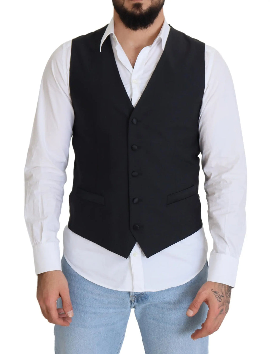 Dolce & gabbana gilet formel en laine extensible bleu foncé avec cinq boutons et poches à rabat