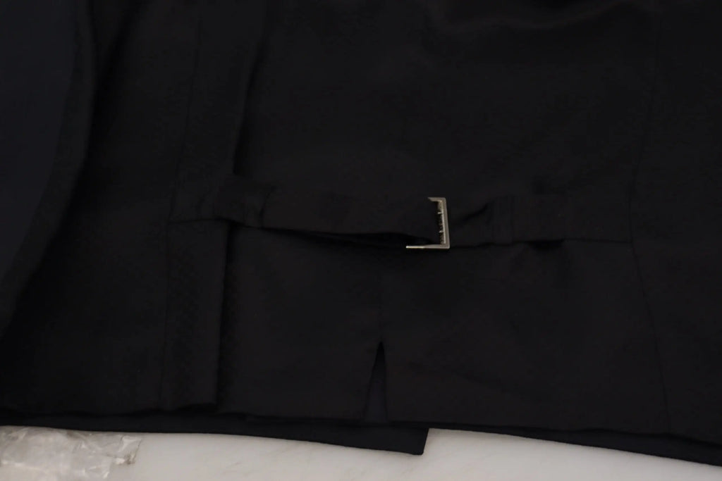 Black fabric with silver metal buckle on the back of dolce gabbana dark blue wool stretch waistcoat formal vest