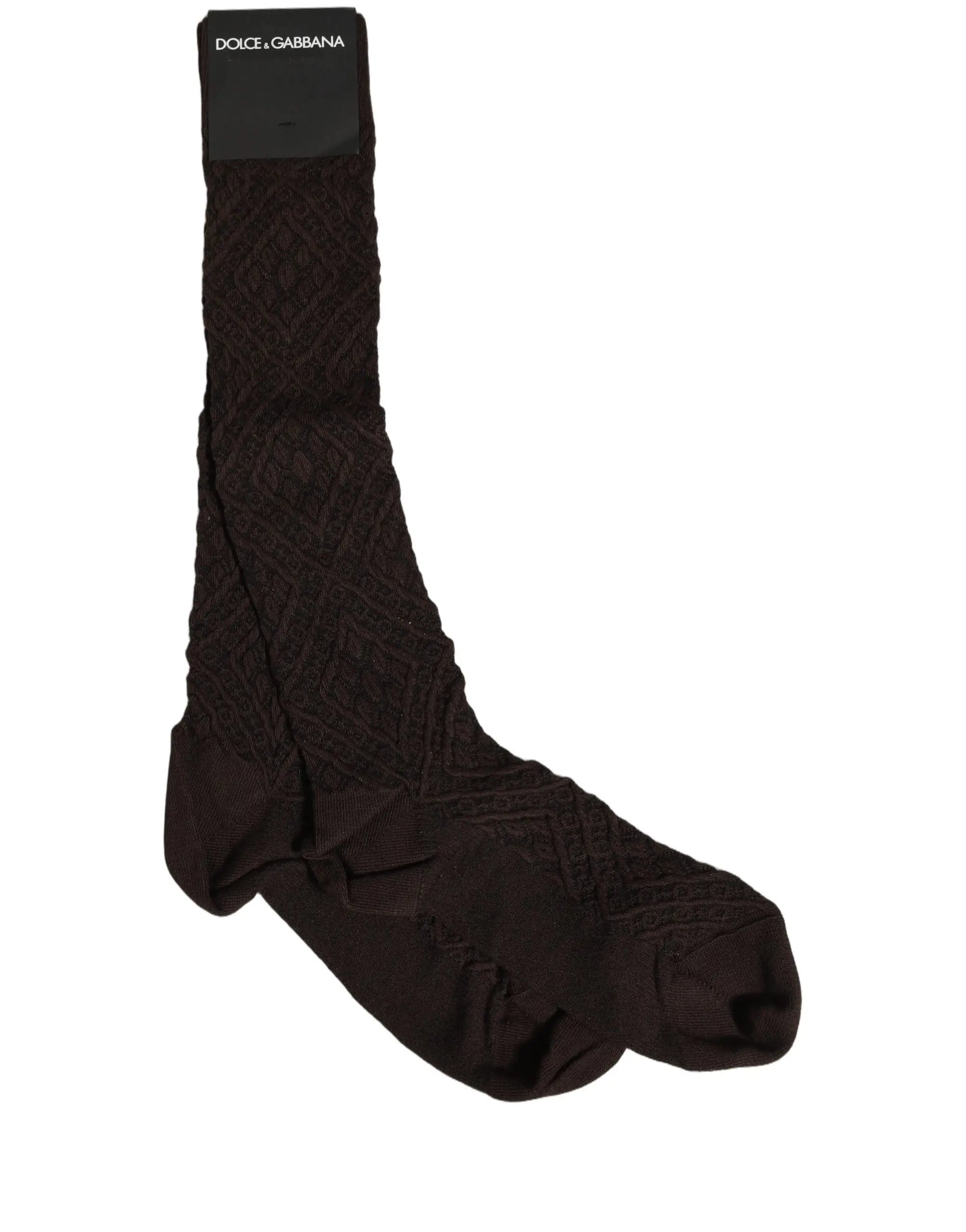 Dolce gabbana chaussettes hautes en coton marron foncé avec motif tricoté complexe et détails en maille