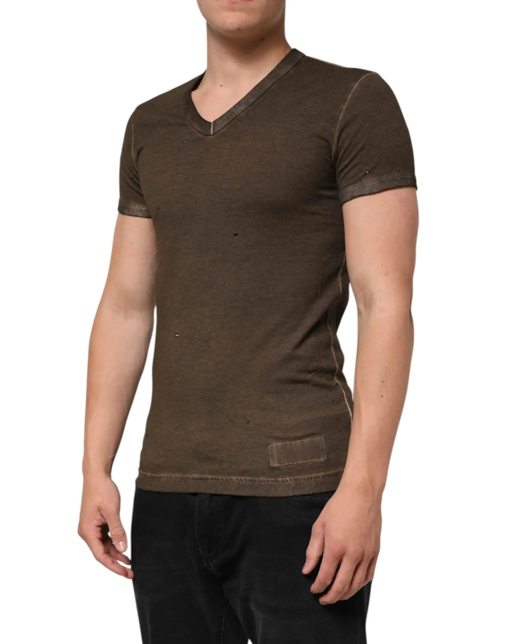 T-shirt homme dolce & gabbana en coton marron foncé avec logo usé et coupe ajustée col v vert olive